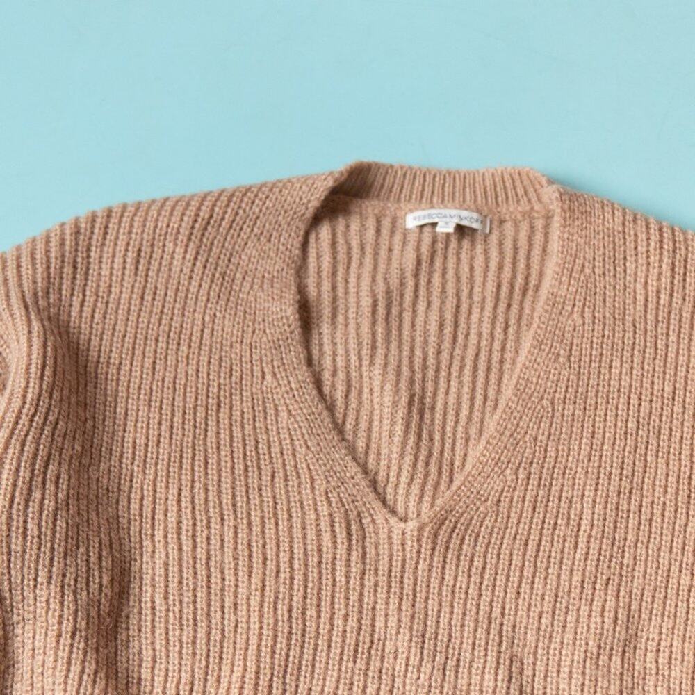 Rebecca Minkoff Remi Tan V-Neck Wool Mohair Knit Sweater Size Small Ribbed - Picture 4 of 10